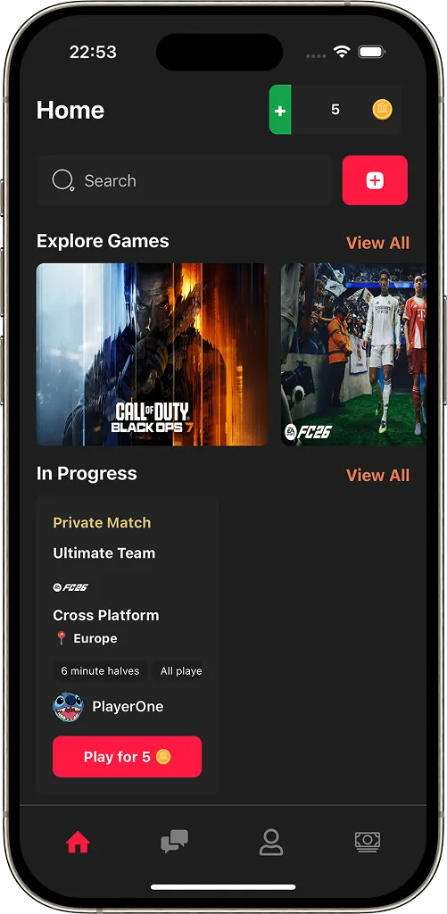 PlayMe mobile app challenge screen mockup
