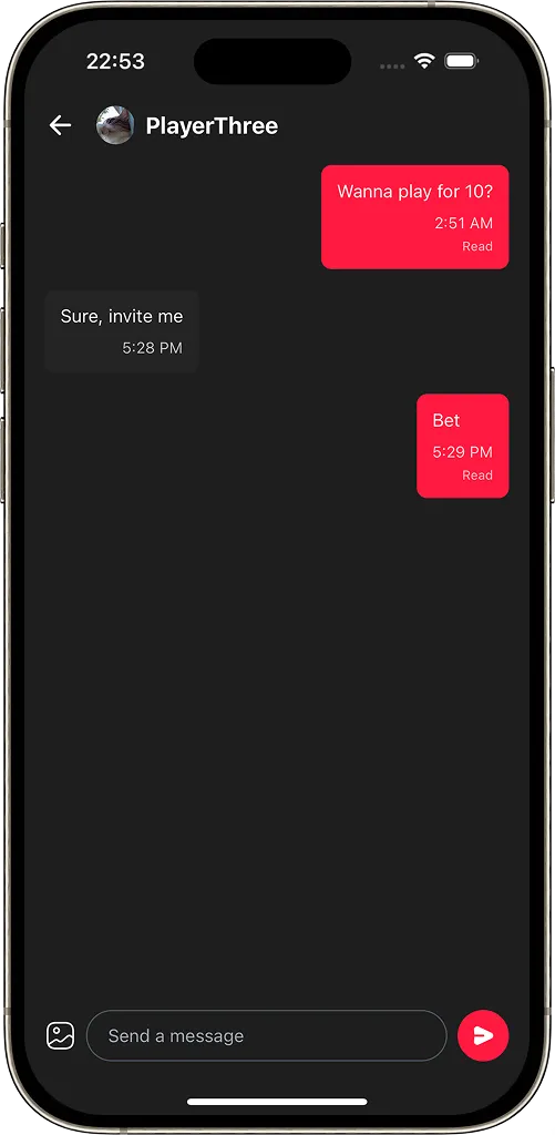 PlayMe in-app messaging feature for coordinating matches