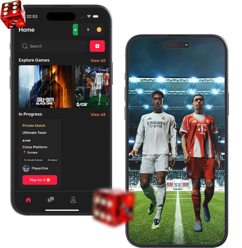 PlayMe competitive gaming app mockup showing match interface